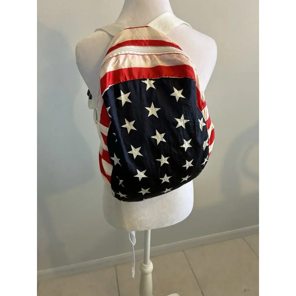 VTG 80s USA Flag Jacket Converts To Backpack Parachute Americana Stars Stripes L